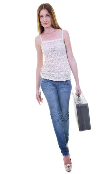 Seyahat çantası ile sarışın kız — Stok fotoğraf