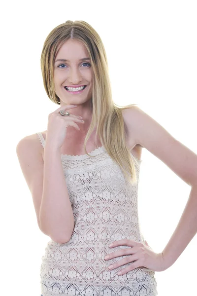 Blonde vrouwelijke model poseren geïsoleerd op witte achtergrond Rechtenvrije Stockafbeeldingen