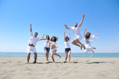 Happy young group have fun on beach clipart