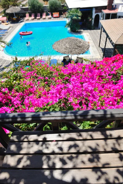 Ρομαντικό μπαλκόνι με λουλούδια και θέα στην πισίνα — Φωτογραφία Αρχείου