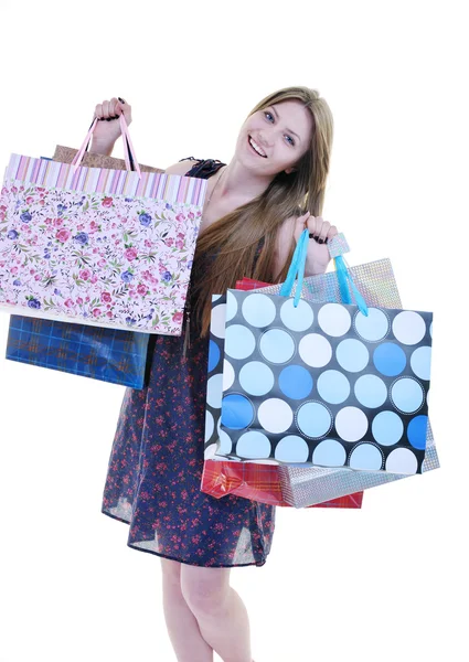 Feliz joven adulto compras con bolsas de colores — Foto de Stock