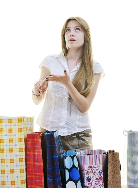 Щасливі молоді дорослі жінки купують з кольоровими сумками — стокове фото