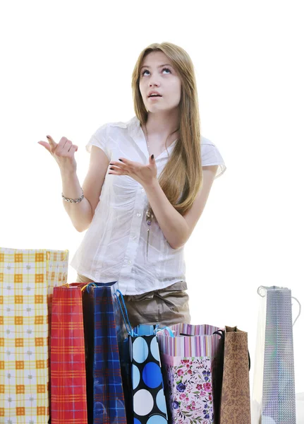 Feliz joven adulto compras con bolsas de colores —  Fotos de Stock