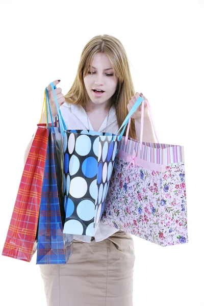 Glada unga vuxna kvinnor shopping med färgade påsar — Stockfoto