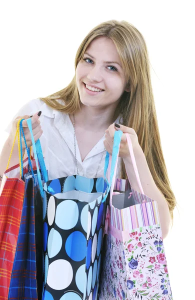 Glada unga vuxna kvinnor shopping med färgade påsar — Stockfoto