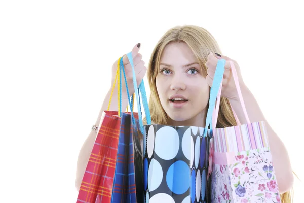 Jovens mulheres adultas felizes compras com sacos coloridos — Fotografia de Stock