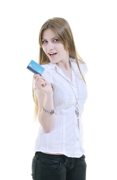 stock image Young woman hold credit card