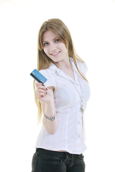 stock image Young woman hold credit card