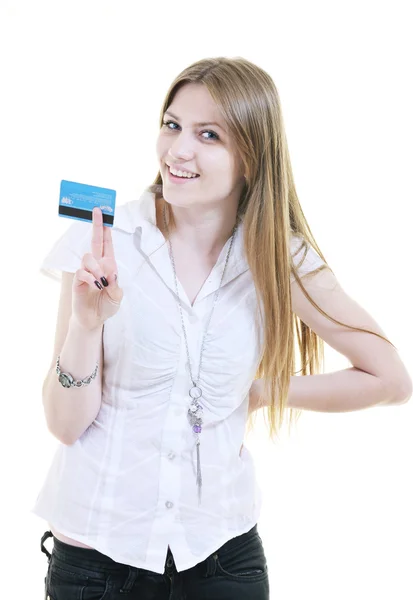 stock image Young woman hold credit card