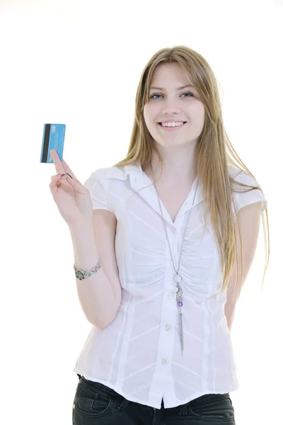 stock image Young woman hold credit card