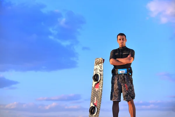 stock image Portrait of a young kitsurf man at beach on sunset