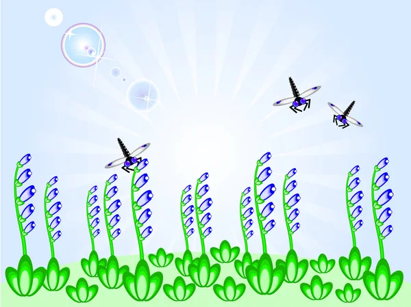 Blauwe bloemen en libellen — Stockvector