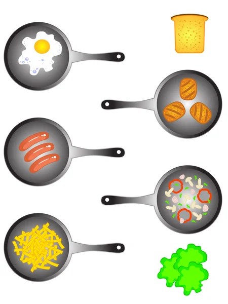 Different food in the pans — Stock Vector