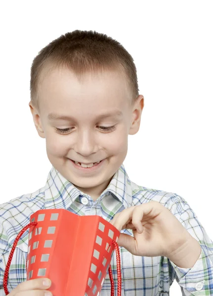 Happy boy looks into a gift bag. — Stock Photo, Image