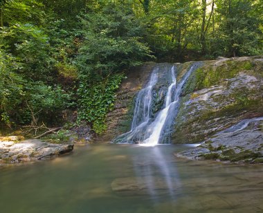 Waterfall in green summer forest clipart