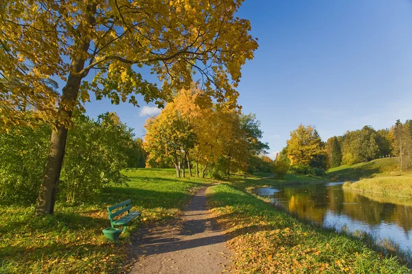 Осенний парк со скамейкой — стоковое фото