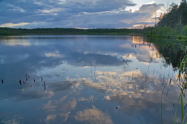Riflessione sul tramonto nel lago della foresta — Foto Stock