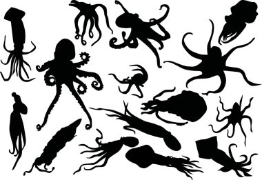 squid and octopus silhouettes clipart