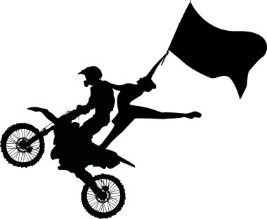 motorcyclist and woman with flag clipart