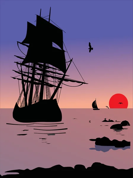 Fartygets siluett i solnedgången — Stock vektor