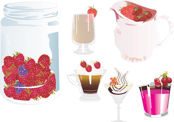 Frukter och olika söta drinkar — Stock vektor