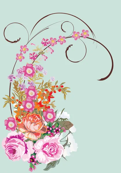 大きなピンクのバラと小さな花 — ストックベクタ
