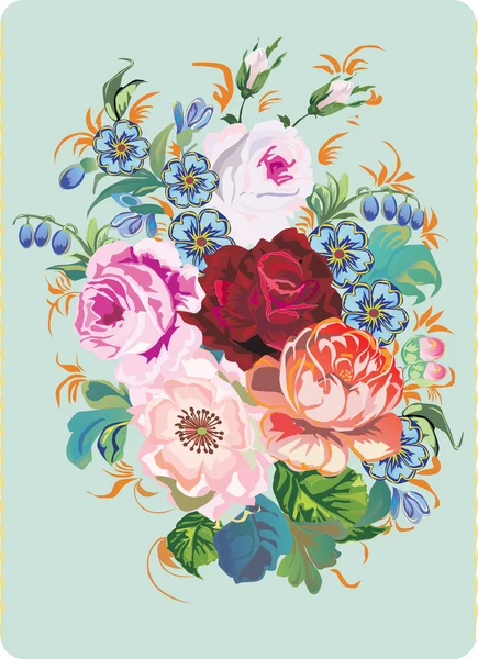 红玫瑰和蓝色的花 — 图库矢量图片