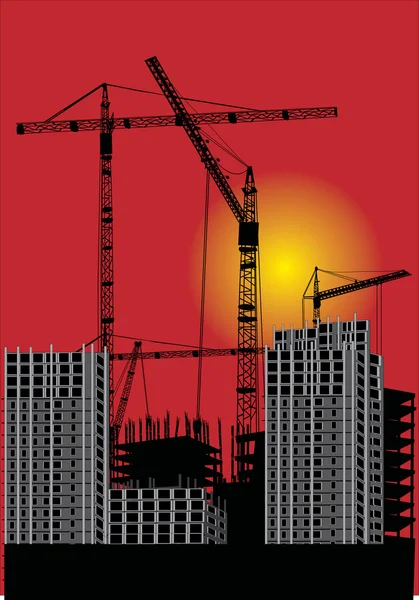 红日落和房屋建筑 — 图库矢量图片