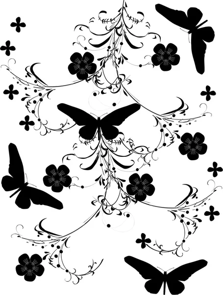 Patrón de flores con cuatro mariposas — Vector de stock