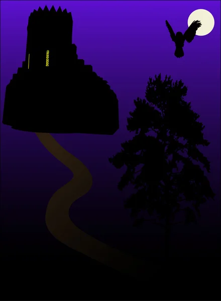 Château, lune et oiseau — Image vectorielle