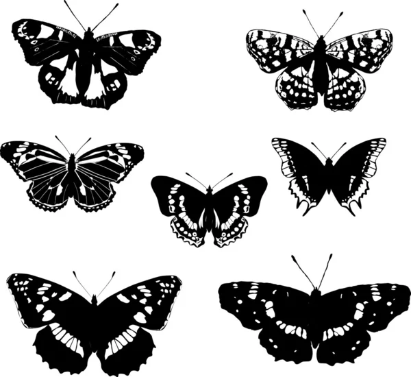 Sete borboletas pretas e brancas — Vetor de Stock
