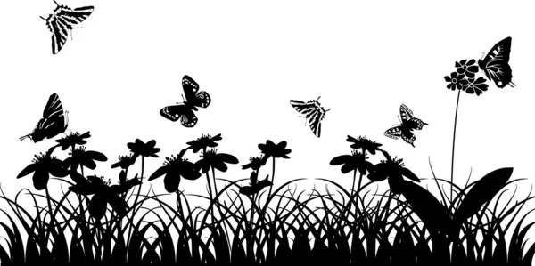 Silhouetten von Schmetterlingen und Blumen — Stockvektor