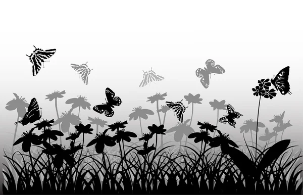 Grijze en zwarte vlinders en bloemen — Stockvector