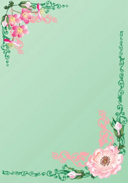 緑にピンクのバラ フレーム — ストックベクタ