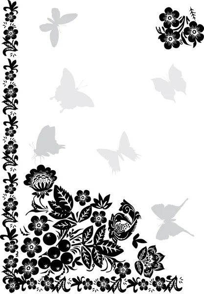 Zwarte bloem hoek en vlinders — Stockvector