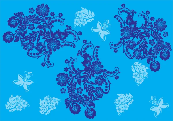 Vlinders en bloemen in blauw — Stockvector