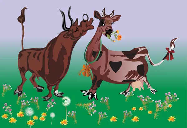 Bull en koe paar op veld — Stockvector