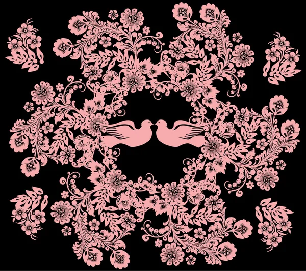Rosa blomma illustrationen med två duvor — Stock vektor