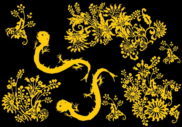 Ilustração de folhagem e ouro dragão — Vetor de Stock