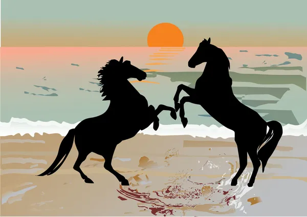 Dos caballos cerca del mar — Vector de stock