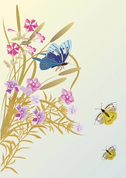 Papillons, herbes et fleurs — Image vectorielle