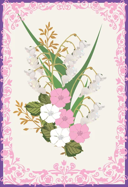 Lily-of-the-valley bouquet in pink frame — Stock Vector
