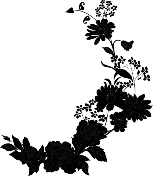 Coin avec silhouette d'herbe et de fleurs — Image vectorielle