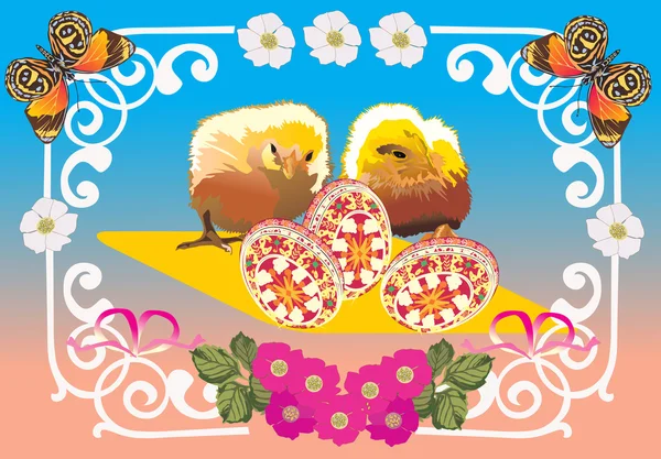 Poulets, œufs et papillons — Image vectorielle