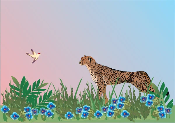 Kuş, çita ve mavi çiçekler — Stok Vektör