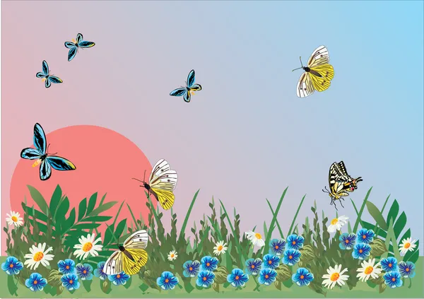 Πεταλούδες πάνω από τα μπλε λουλούδια — Διανυσματικό Αρχείο