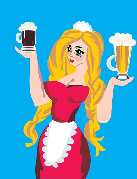 Girl and two glass of beer — Stock Vector