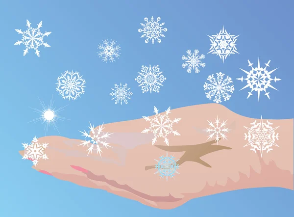 Ženská ruka a sněhové vločky — Stockový vektor