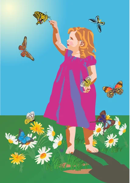 Küçük kız ve kelebekler — Stok Vektör