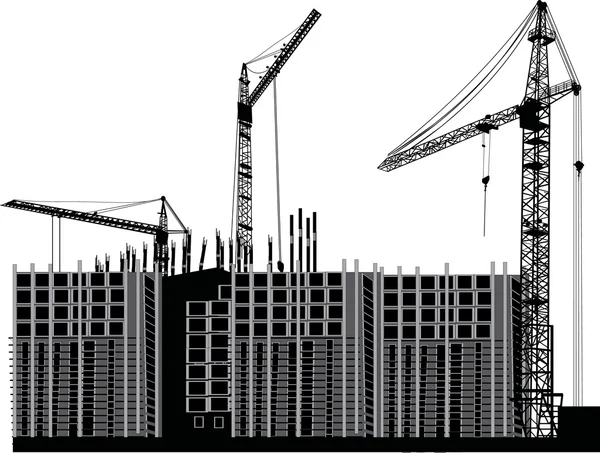 Trois grues et bâtiment — Image vectorielle